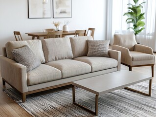 Minimalist, modern Scandinavian interior design in the living room of a house with a sofa and table. Generative AI
