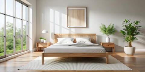 Fototapeta premium Minimalist Wooden Bed Frame with White Mattress - Modern Bedroom Design