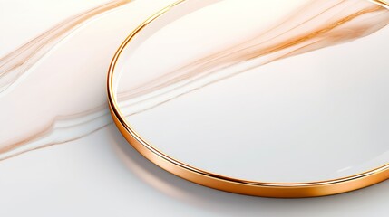 Naklejka premium Elegant close-up of a gold-rimmed mirror reflecting soft, flowing marble textures in a serene setting
