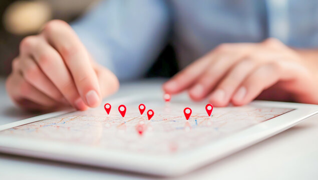 Close-up of a man's hands typing on a tablet with location pins and a map, against a white background.