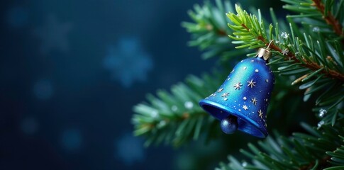 A single blue bell flower embroidered on a Christmas tree background with garland, snowflake, blue