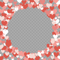 frame of hearts, wreath from a lot of multicolored pink hearts. cute vector illustration isolated on a checkered backdrop. round element for background, card, greeting, invitation, poster, banner