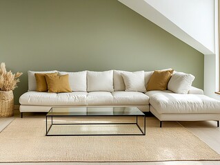 A modern minimalist interior design of a residential living room with light green finish walls and white sofas and cushions. Generative AI
