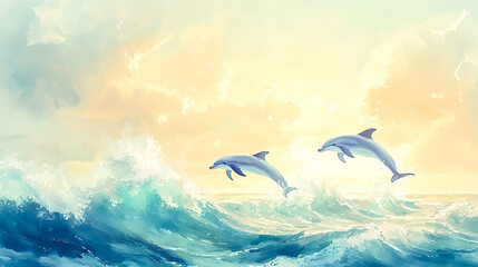 Create a peaceful watercolor seascape featuring dolphins gracefully leaping through gentle ocean waves, with soft pastel skies and a tranquil atmosphere