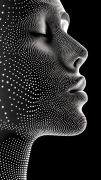Abstract profile of a human face formed by glowing white dots on a black background