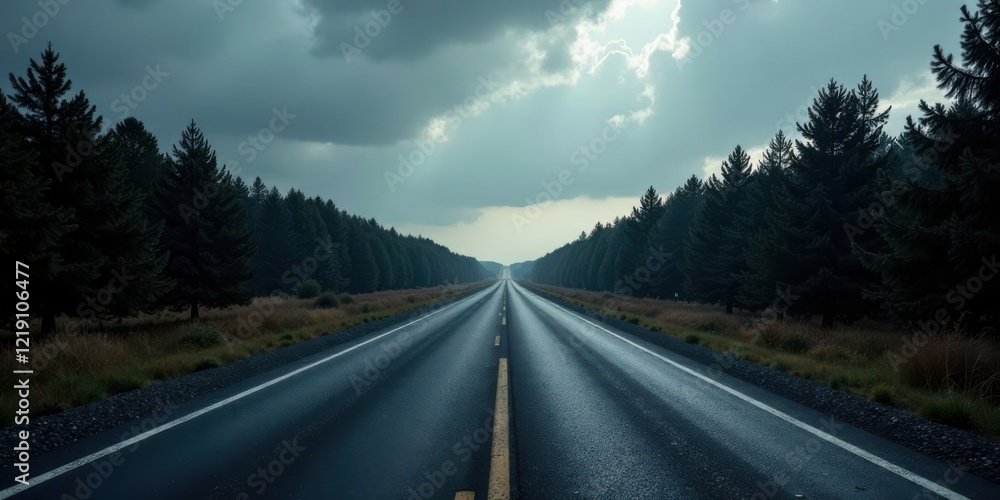 Poster asphalt path through a dark forest under a dramatic sky, leading to an uncertain destination