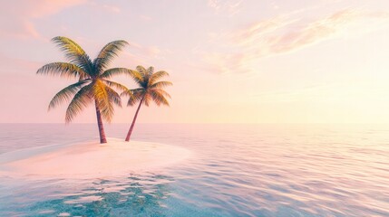 Fototapeta premium A tropical island escape featuring palm trees, soft white sand, and crystal-clear water extending to the horizon, with a sky showcasing a gradient of soft orange and pink, ideal for relaxation