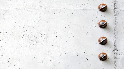 A minimalist concrete wall featuring four metallic wall fixtures, showcasing a blend of textures and a modern aesthetic.