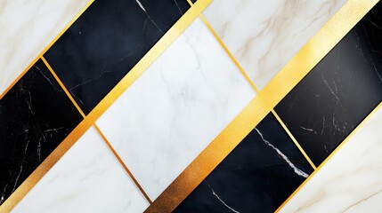 Elegant geometric pattern featuring black and white marble with gold accents, perfect for interior design