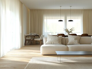 Fototapeta premium A modern minimalist interior design of a residential living room with dining room view and sofa and table. Generative AI 