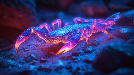 A glowing scorpion crawling across a rocky desert under ultraviolet light