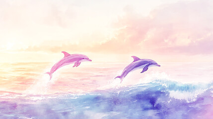 Create a peaceful watercolor seascape featuring dolphins gracefully leaping through gentle ocean waves, with soft pastel skies and a tranquil atmosphere