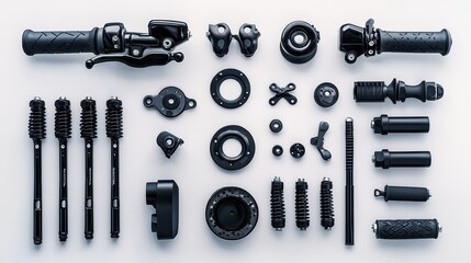 Obraz premium A set of motorcycle parts including handlebars, grips, and foot pegs on a white isolated background