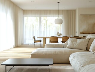 A modern minimalist interior design of a residential living room with dining room view and sofa and table. Generative AI
