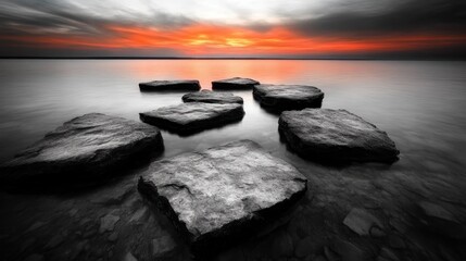 Black rocks create a striking contrast against the smooth water as the sun sets, evoking feelings of tranquility and peace in this captivating coastal scene.