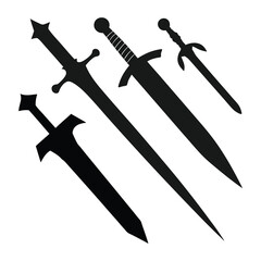 Swords silhouette collection set.Sword ancient weapon design Icon.Black weapon designs, different shapes and styles isolated on white background
