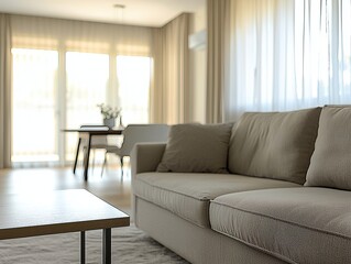 Fototapeta premium A modern minimalist interior design of a residential living room with a light gray sofa and a view of a dining room. Generative AI 