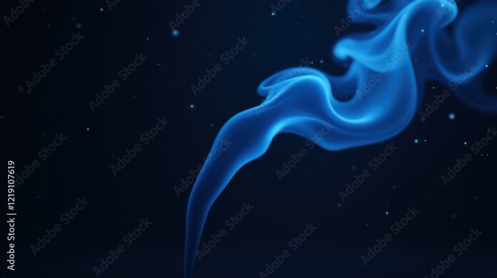 Poster abstract blue smoke swirls against a dark background, featuring delicate particle effects and an eth