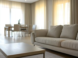 A modern minimalist interior design of a residential living room with a light gray sofa and a view of a dining room. Generative AI
