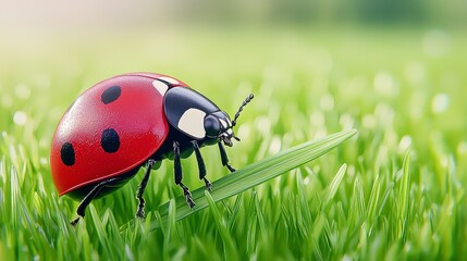 Obraz premium A vibrant ladybug rests on a dewy blade of grass in a lush green field, showcasing the intricate details of its shell and the fres