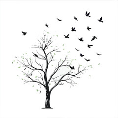a tree with birds flying in the sky vector