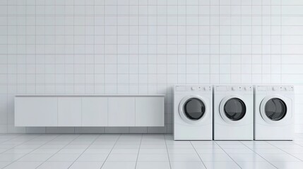 A white room with tiled walls and floor, featuring three washing machines on the right side of an empty cabinet in front of them.