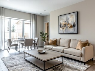 A modern minimalist interior design of a residential living room with dining room view and sofa and table. Generative AI
