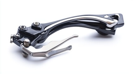 A close-up of a motorcycle throttle, clutch, and brake levers on a white isolated background