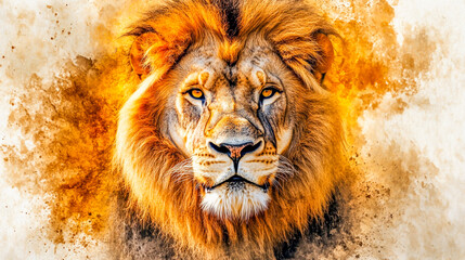Create a stunning watercolor painting of a majestic lion with vibrant colors, detailed fur texture, and a powerful, regal expression