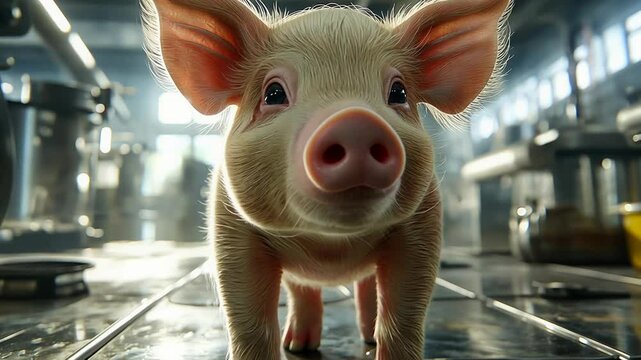 Cute little piglet explores the farm environment and interacts with farm activities during a sunny day
