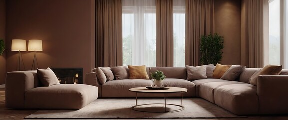 Modern Living Room Interior With Smart Tv, Sofa, Floor Lamp And Potted Plant,Modern living room interior with large TV mounted on wooden cabinet illuminated circular light fixture,comfortable,837
