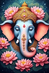 A vibrant painting depicting Ganesha, the Hindu god of wisdom and prosperity, with a serene expression.