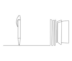 One continuous line drawing of opened book with pen. Studying book and pen for education in simple line. Concept vector art for university or college. Editable stroke. Doodle line illustration