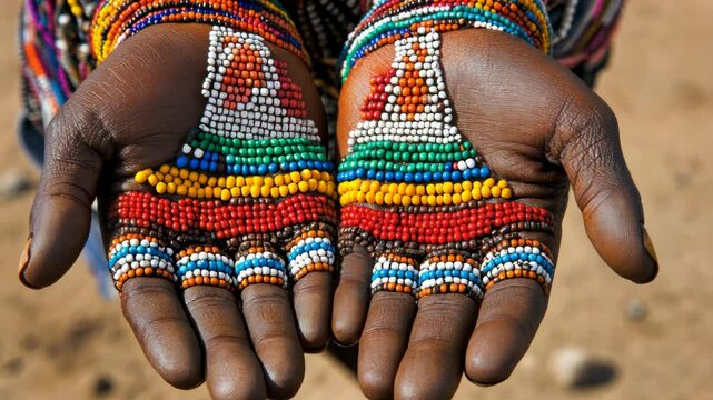 Vivid beadwork adorns hands showcasing cultural artistry from the Maasai people