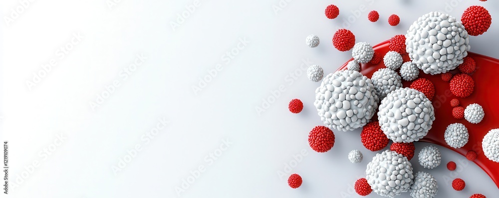 Poster an abstract representation of white and red blood cells, illustrating the complex interaction within