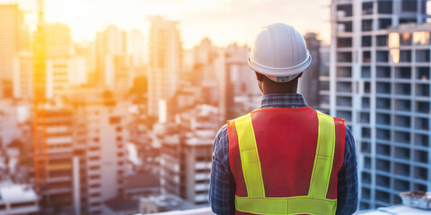 Fototapeta premium Construction Engineer Overlooking Urban Cityscape During Sunset