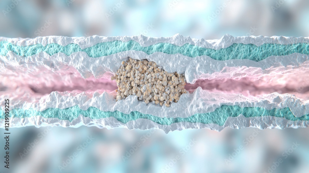 Poster a colorful, abstract representation of a cellular structure, showcasing layers and components, possi