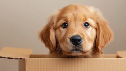 This delightful image captures a puppy peeking from a box, embodying pure innocence and playfulness, evoking emotions of joy, warmth, and affection for pets.