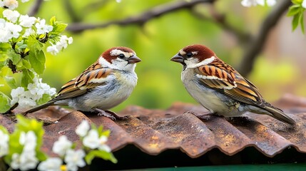 Fototapeta premium Two Sparrows on Rusty Roof Spring Blossoms