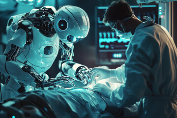 A robotic assistant working alongside a surgeon in a modern operating room.