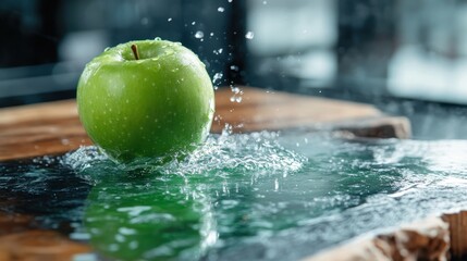 A vibrant green apple splashes into clear water, emphasizing freshness and vitality in a visually appealing manner with droplets captured in a moment of excitement and energy.