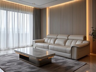 Modern minimalist interior design of a residential living room with wood patterned walls and sofa and table. Generative AI

