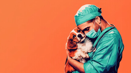 compassionate veterinarian in scrubs and mask lovingly holding small dog against orange background