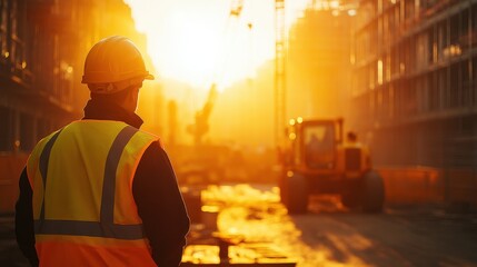 Construction Worker Directing Heavy Equipment at Sunset