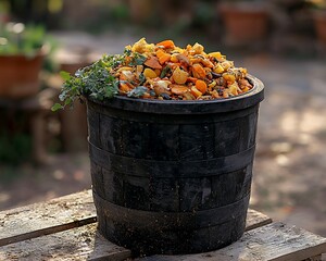 Compost bin filled with vegetable scraps outdoors.