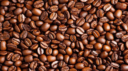 Obraz premium Close up of roasted coffee beans scattered, showcasing their rich brown tones and textured surface