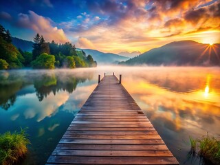 Fototapeta premium Misty Mountain Lake Pier - Serene Sunrise Landscape Photography