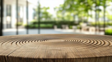 Tabletop with radial wood grain patterns, blurred coffee shop ambiance, modern and inviting