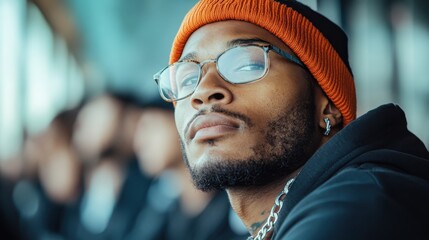 A striking image of a young man wearing orange accents and glasses, gazing thoughtfully, amidst a soft-focused communal setting that evokes youth and creativity.