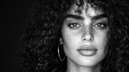 Abstract Monochrome Portrait of a Young Woman with Textured Face and Curly Hair